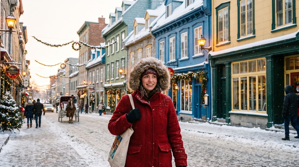 jeune femme habillée pour l’hiver dans une rue enneigée du Québec